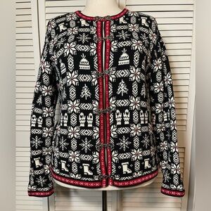 VTG Talbots Nordic Fair Isle Holiday Xmas Cardigan Sweater Black Red Ivory Large